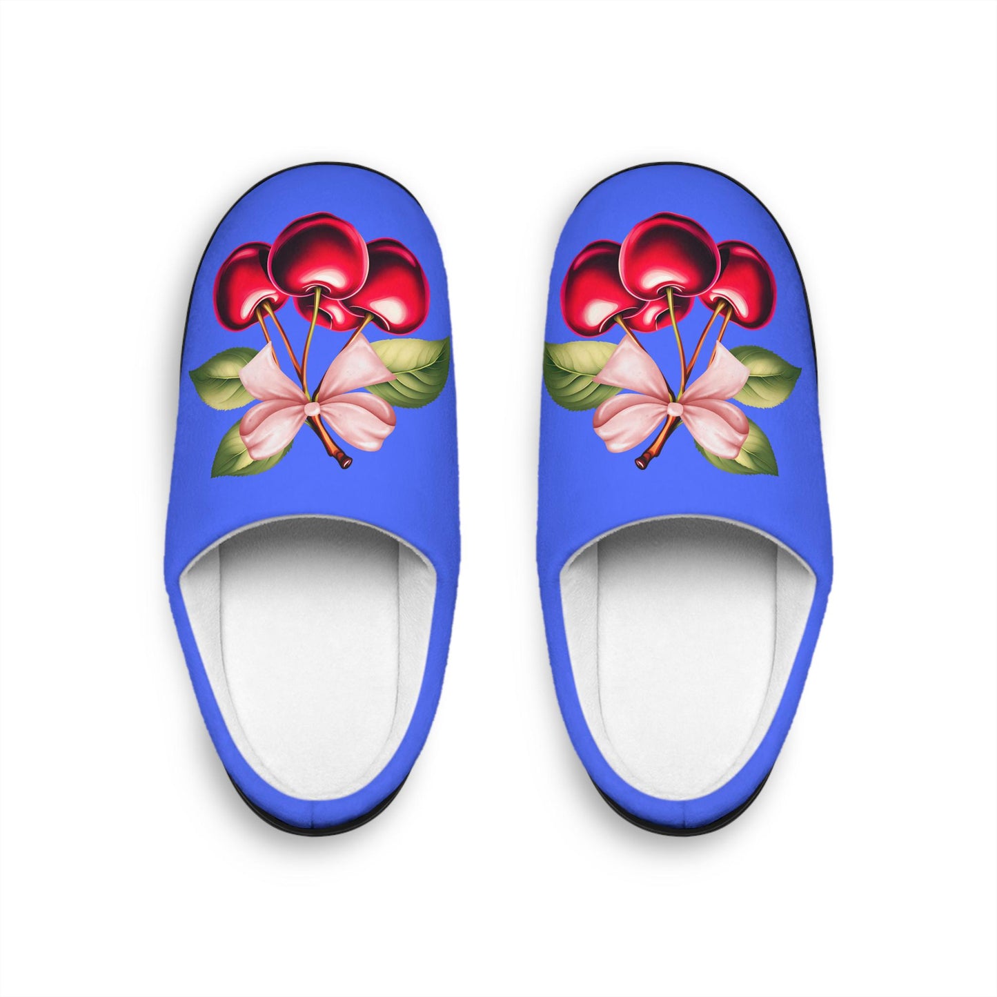 Blue Coquette PinkBow Women'sSlippers DarkRed Cherries and LightPink Bow - Cute and Cozy Footwear for Everyday Comfort Fruit Cherry Slippers