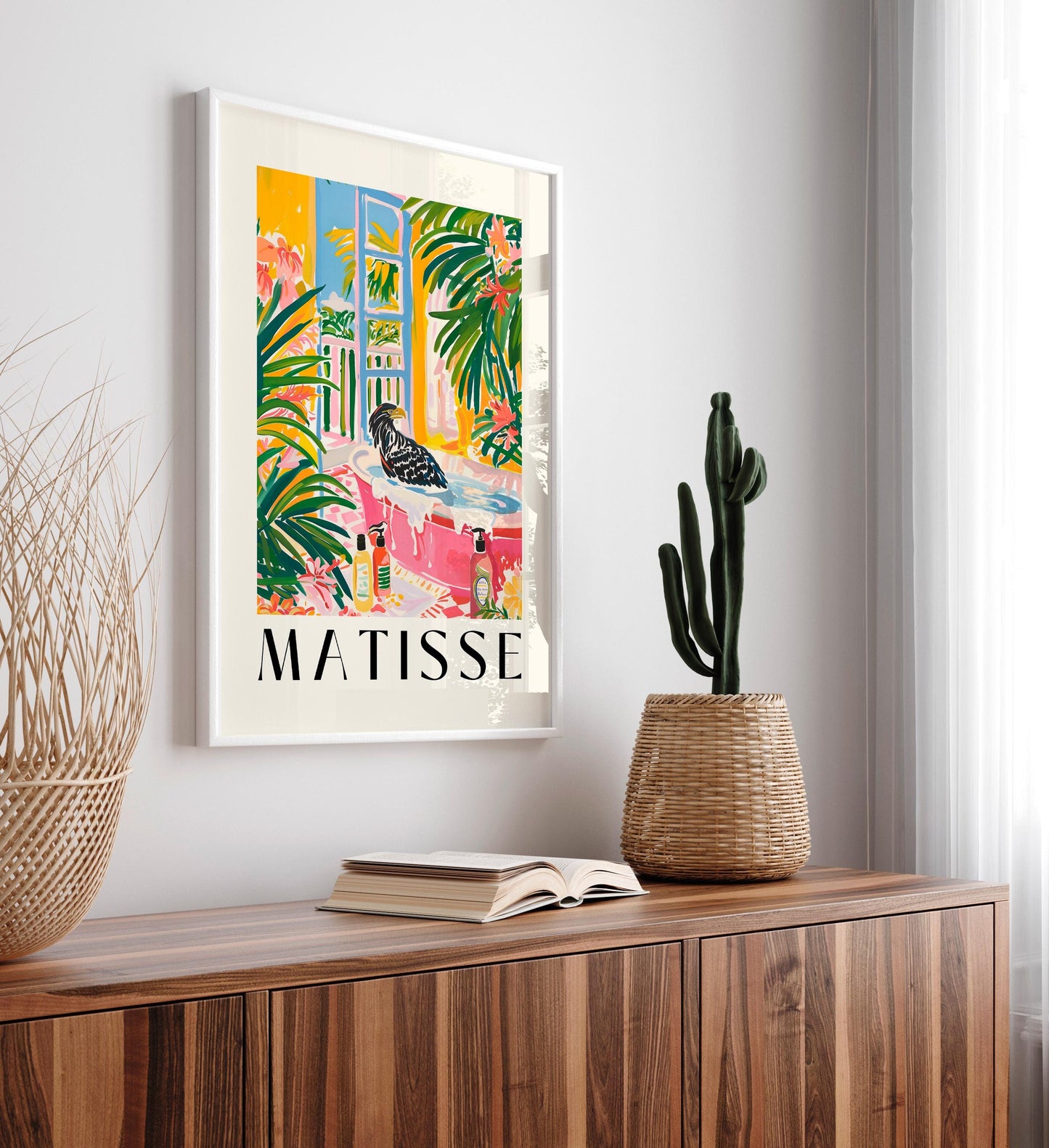 Eagle in Bathtub Art Print: Pink Maximalist Bathroom Wall Decor