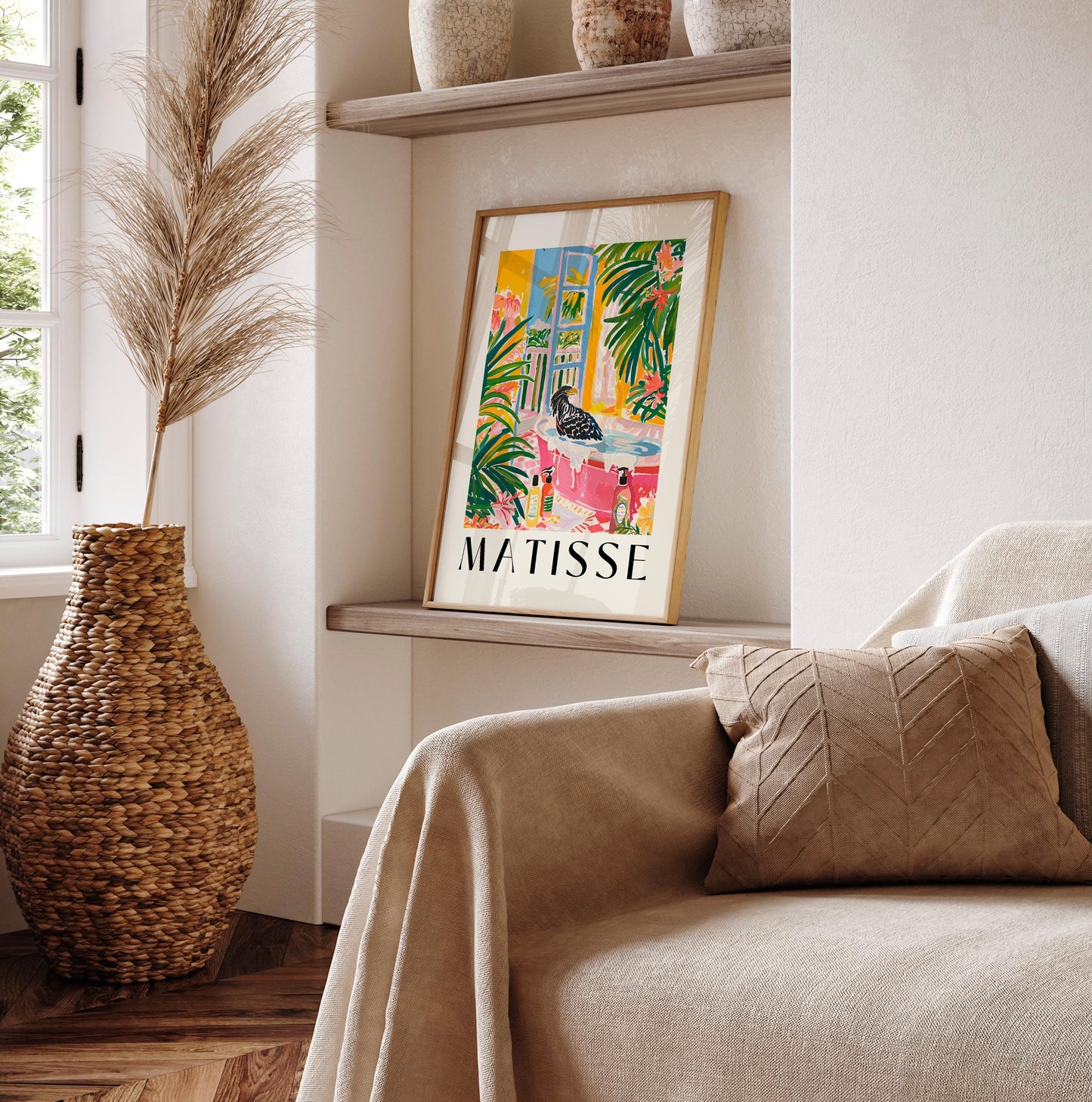 Eagle in Bathtub Art Print: Pink Maximalist Bathroom Wall Decor