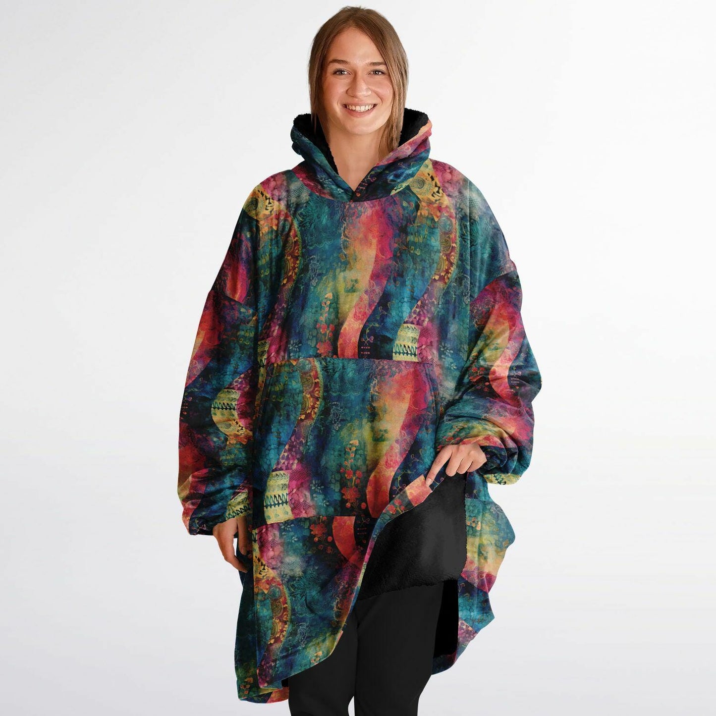 Unisex Psychedelic Rainbow All Over Print Snug Hoodie,Printed Hooded Blanket,Blanket Sleeves,Lounge Wear,Unique,Novelty Gifts,Christmas Gift