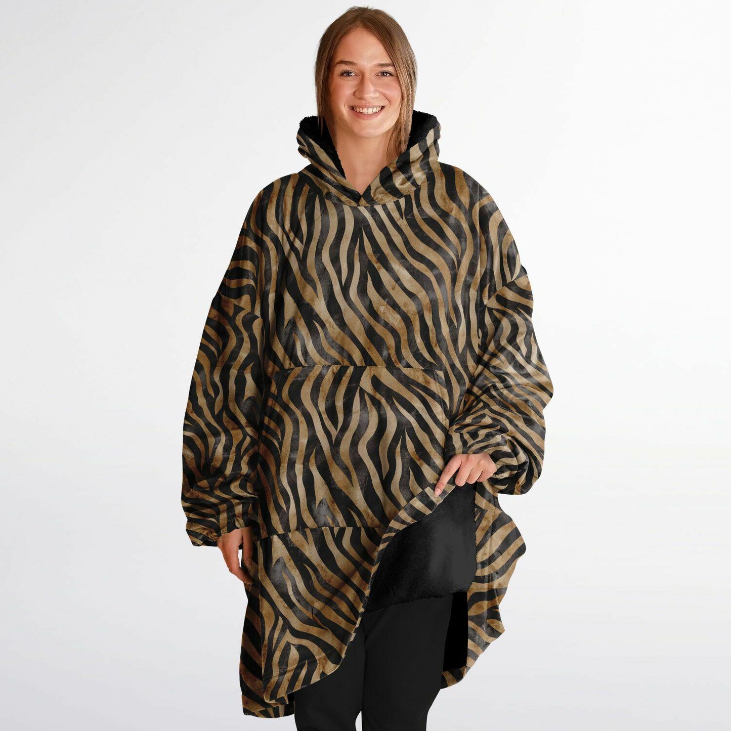 Unisex Cute y2k Brown Zebra Print Snug Hoodie,Printed Hooded Blanket with Sleeves,Lounge Wear,All Over Print Hoodie, Birthday Christmas Gift