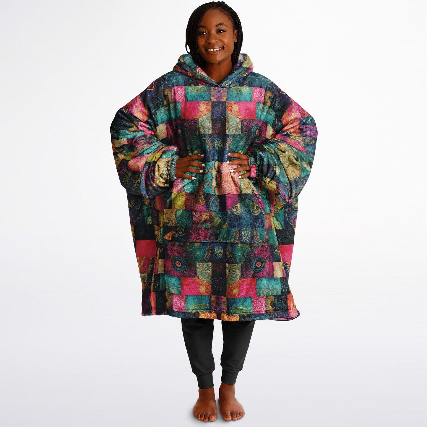 Fun Colourful Print Unisex Reversible Snug Hoodie,Psychedelic Vivid Colors Print Pullover Hooded Blanket with Sleeves,All Over Print Hoodie