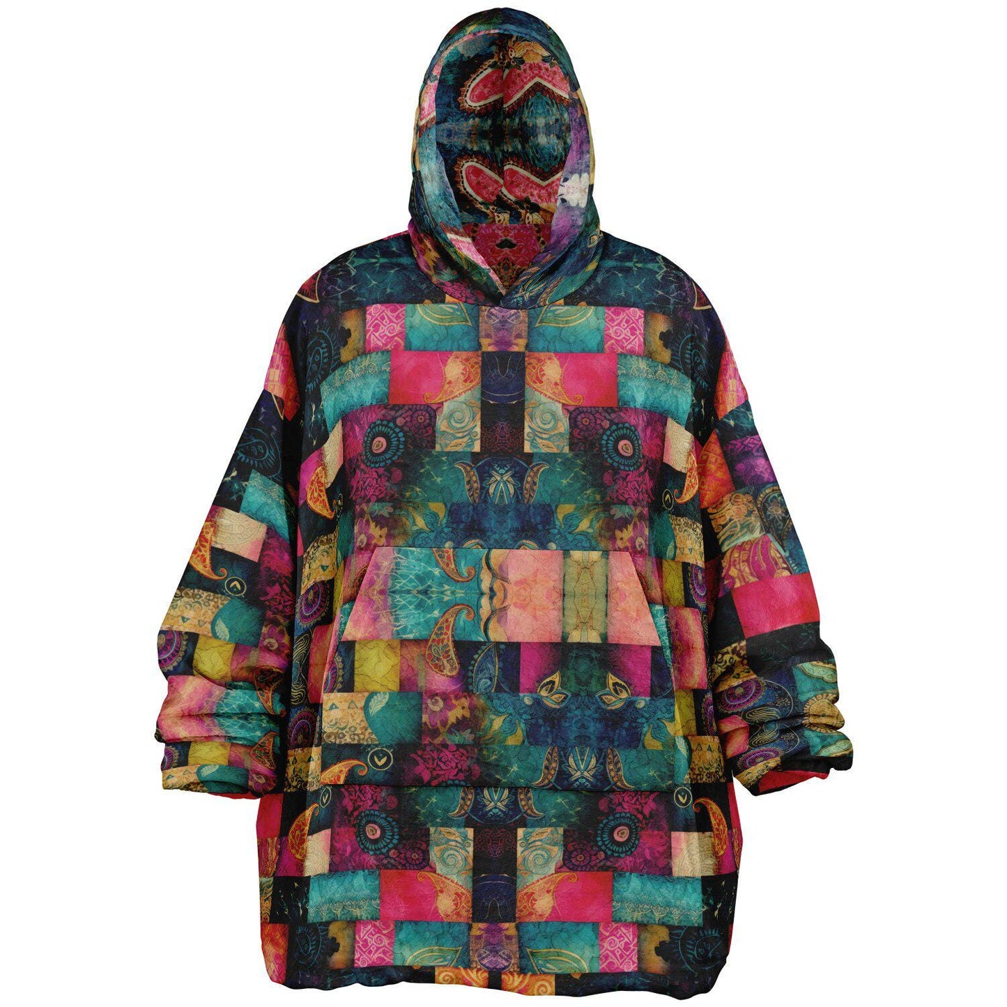 Fun Colourful Print Unisex Reversible Snug Hoodie,Psychedelic Vivid Colors Print Pullover Hooded Blanket with Sleeves,All Over Print Hoodie