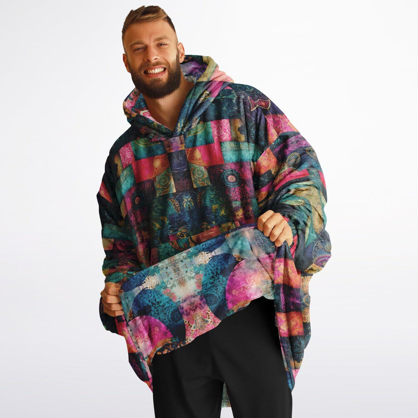 Fun Colourful Print Unisex Reversible Snug Hoodie,Psychedelic Vivid Colors Print Pullover Hooded Blanket with Sleeves,All Over Print Hoodie