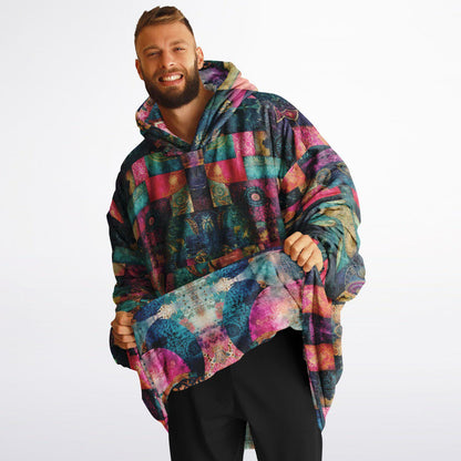 Fun Colourful Print Unisex Reversible Snug Hoodie,Psychedelic Vivid Colors Print Pullover Hooded Blanket with Sleeves,All Over Print Hoodie