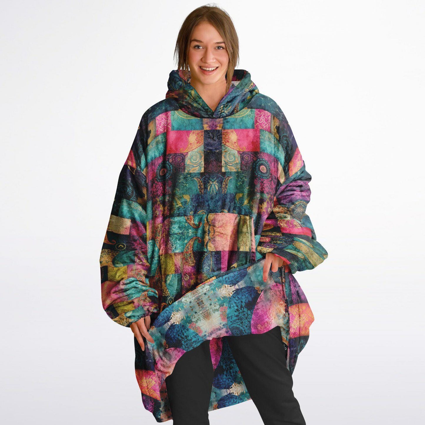 Fun Colourful Print Unisex Reversible Snug Hoodie,Psychedelic Vivid Colors Print Pullover Hooded Blanket with Sleeves,All Over Print Hoodie