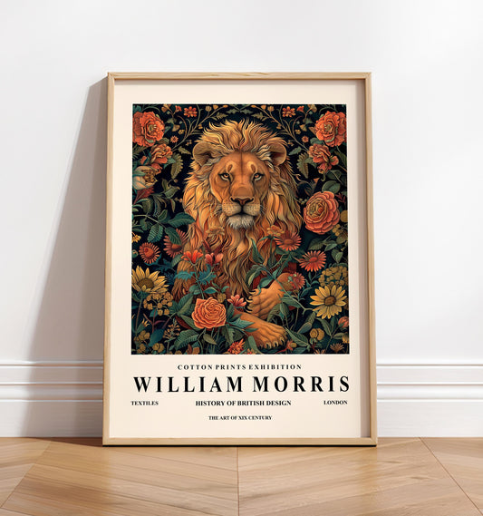 William Morris print, Floral lion poster, Dark botanical wall art, Vintage home decor