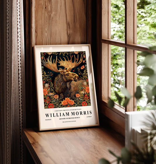 William Morris moose print, Dark Cottagecore decor, Dark botanical wall art, Animal poster