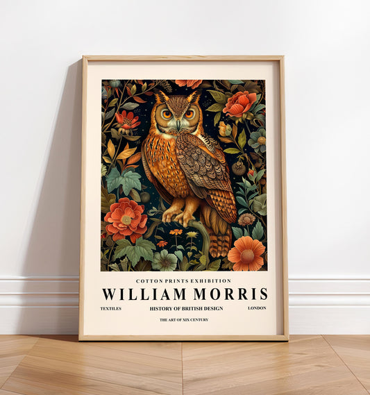 Dark Cottagecore decor, Great Horned Owl painting, William Morris print, Botanical wall art, Bird art print