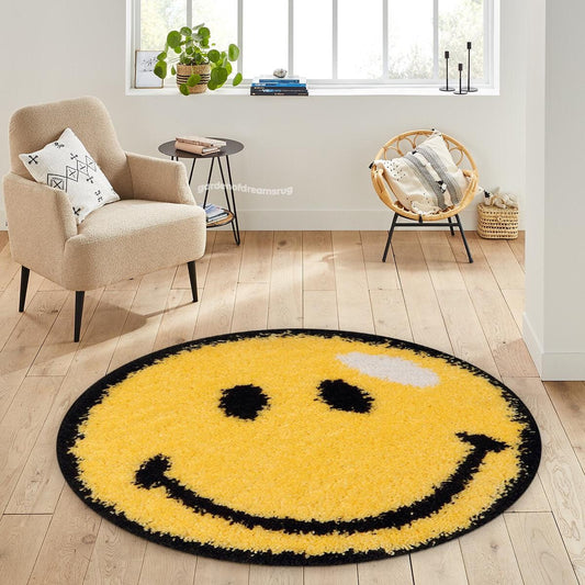 Smile Emoji Rug, Round Smile Rug, Tufted Look Rug, Emoji Decor, Rugs for Teen Room, Non Slip Rug, Kids Room Decor Carpet, Gift for Kids