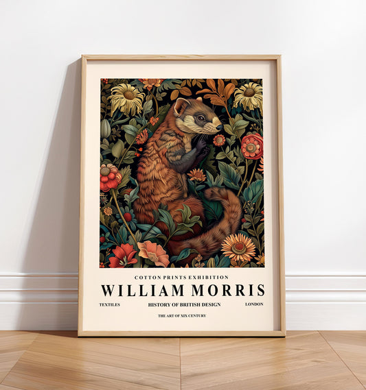 Ferret Botanical Print: William Morris Style Dark Cottagecore Wall Art