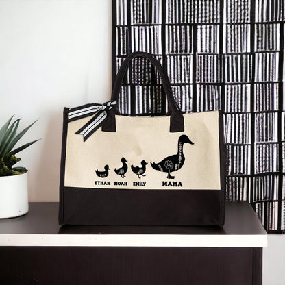 Kids Names Tote Bag, Duck Grandkids Tote, Customized Shoulder Bag, Mother Duck Canvas Tote, Grandma Handbag Gift, Large Tote Bag, Lunch Bag
