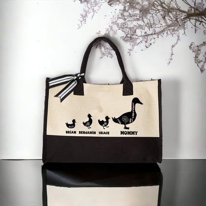Kids Names Tote Bag, Duck Grandkids Tote, Customized Shoulder Bag, Mother Duck Canvas Tote, Grandma Handbag Gift, Large Tote Bag, Lunch Bag