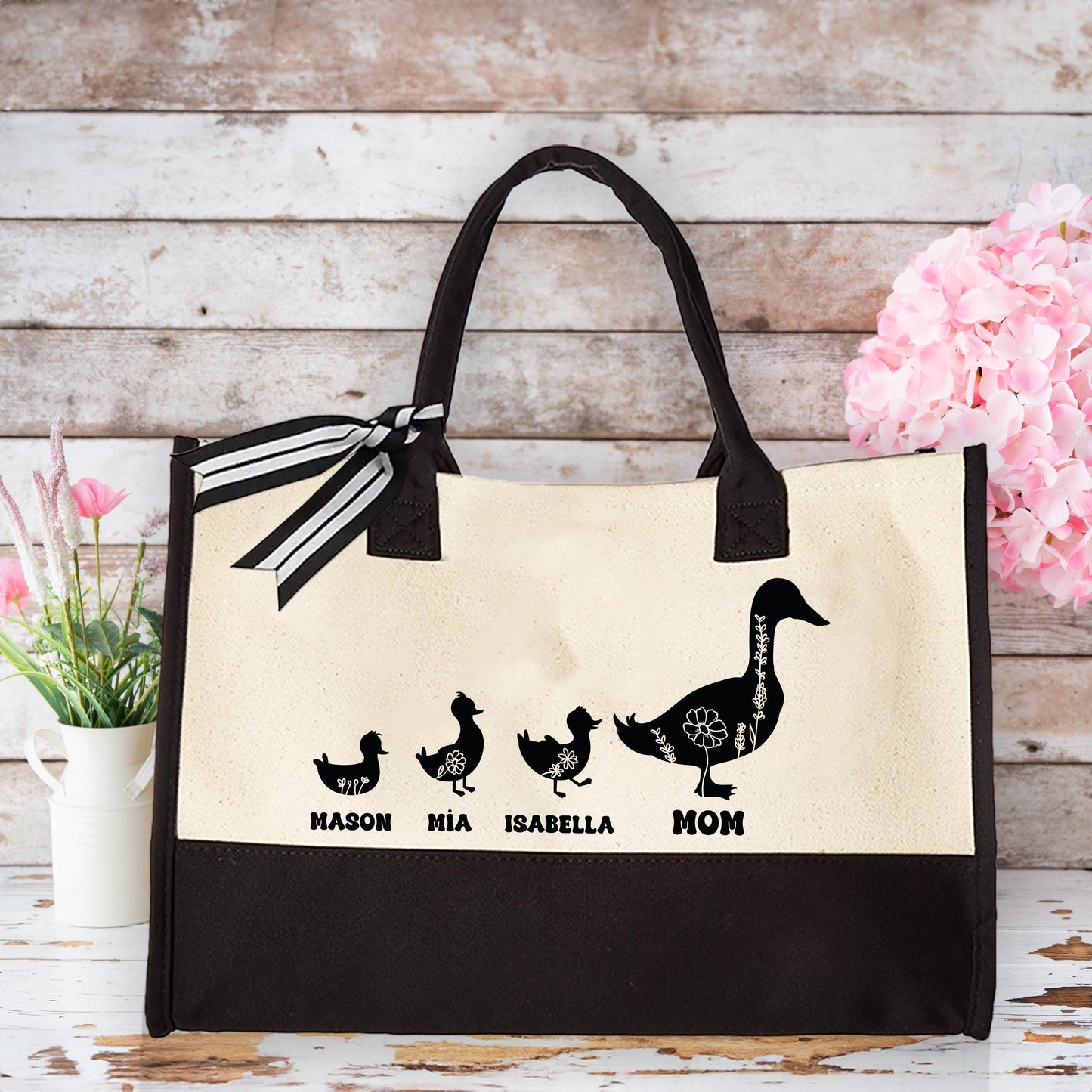 Kids Names Tote Bag, Duck Grandkids Tote, Customized Shoulder Bag, Mother Duck Canvas Tote, Grandma Handbag Gift, Large Tote Bag, Lunch Bag
