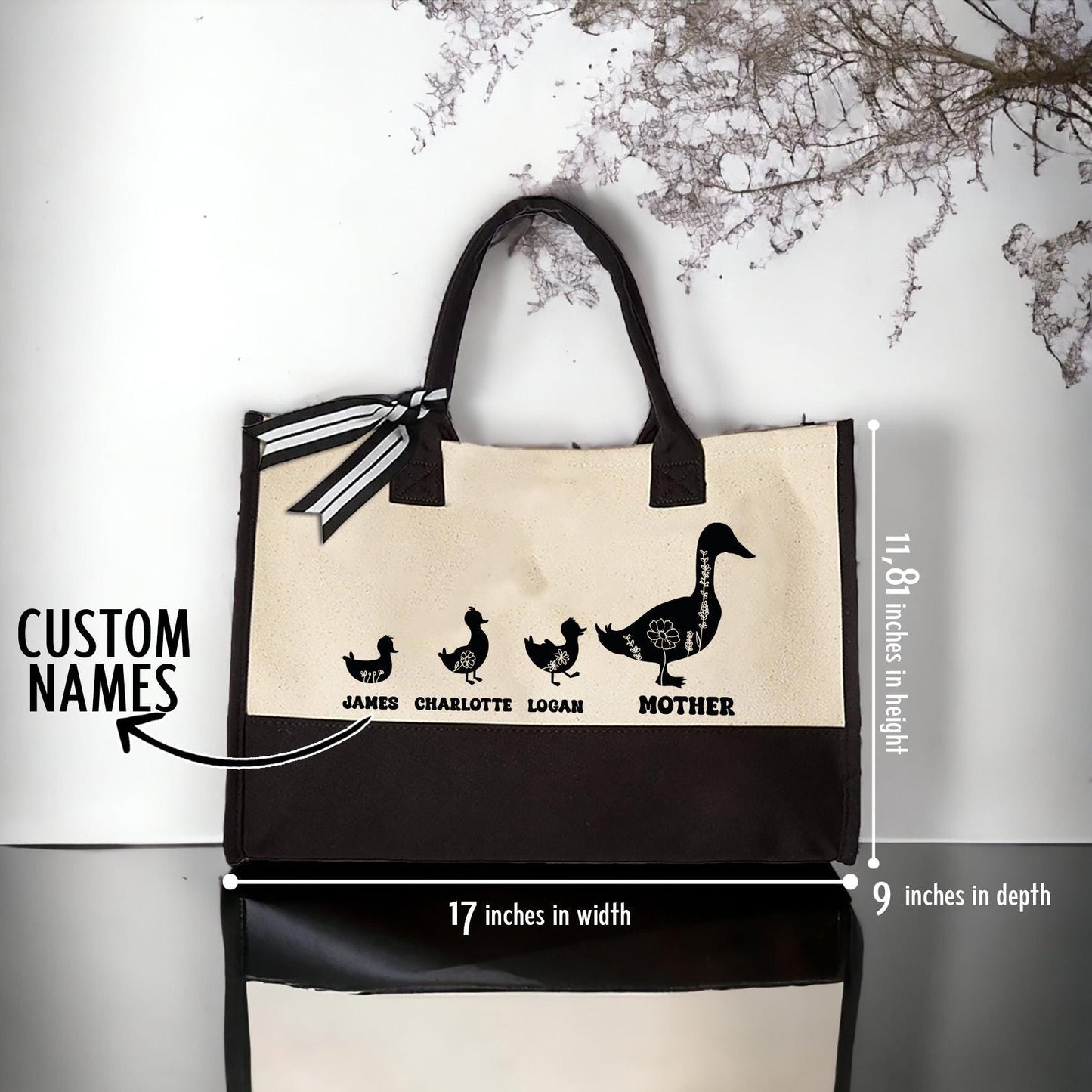 Kids Names Tote Bag, Duck Grandkids Tote, Customized Shoulder Bag, Mother Duck Canvas Tote, Grandma Handbag Gift, Large Tote Bag, Lunch Bag