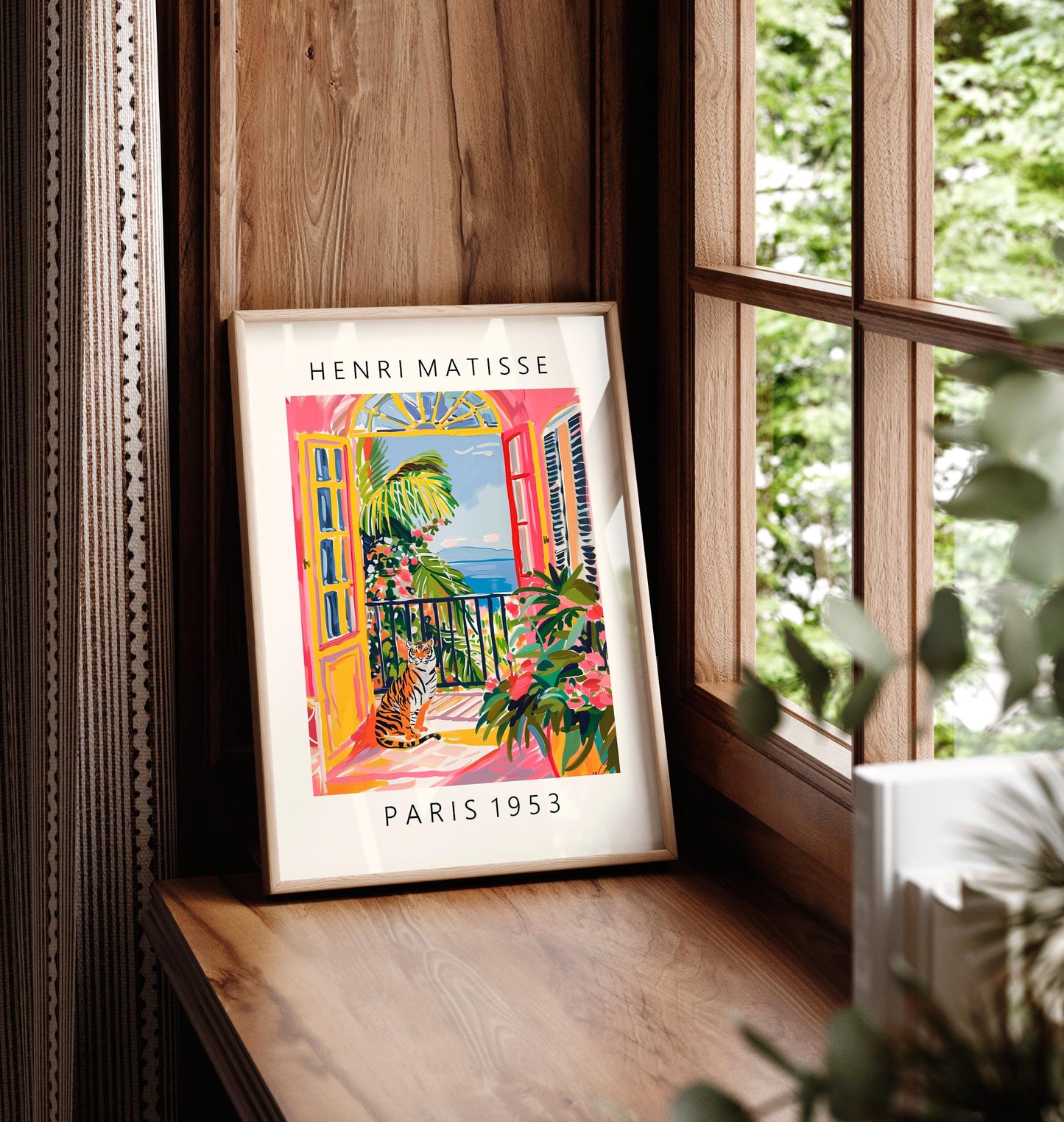 Matisse Style Tiger Art Print: Pink Beachy Mid-Century Modern