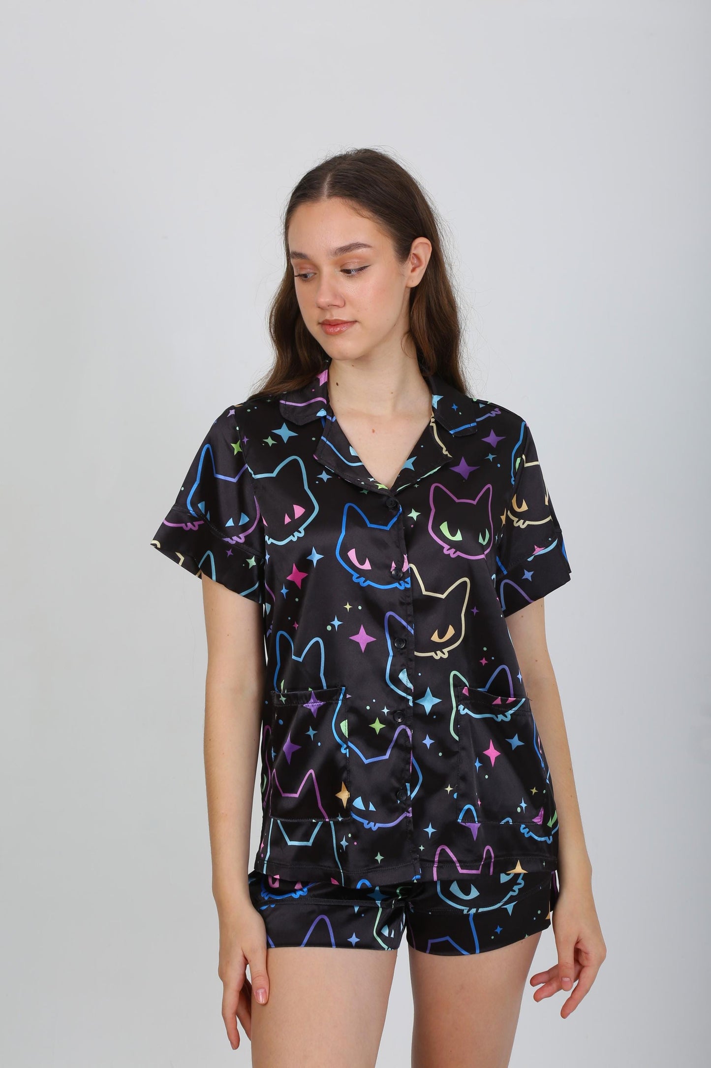 Black Satin Pajama Set with Vibrant Cat Paw Print - Short Sleeve Button-Up Shirt - Shorts - Stylish & Comfortable Loungewear for Home