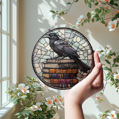 Crow and book stack GLASS Window hanging, Raven glass, Reading lover gift, Librarian gift, Reading room sign, Book worm gift,Book Lover gift