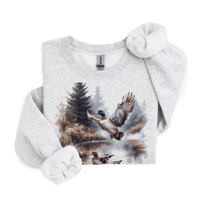 Retro Mallard Ducks Fall Pond Scene Sweatshirt - 90s Waterfowl Duck Forest Nature Outfit - Boho Unisex Crewneck Sweatshirt