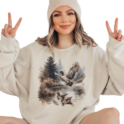 Retro Mallard Ducks Fall Pond Scene Sweatshirt - 90s Waterfowl Duck Forest Nature Outfit - Boho Unisex Crewneck Sweatshirt