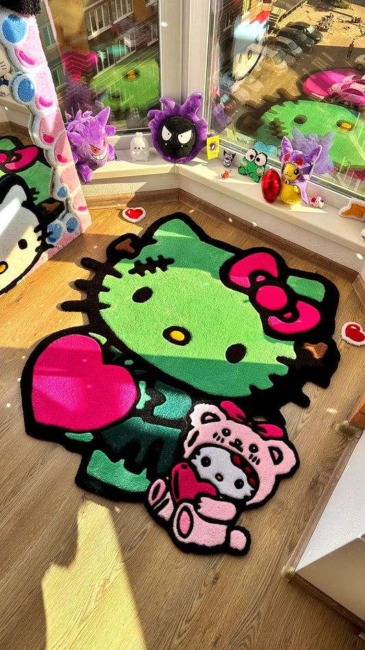 Frankenstein Kitty Halloween Rug – Custom Tufted Spooky Cute Carpet, Fluffy Kawaii Monster Decor for Anime Fans and Halloween Lovers
