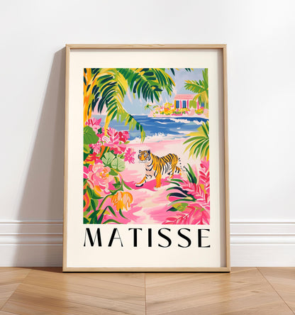 Pink Tiger Art Print: Beachy Matisse Style Wall Art