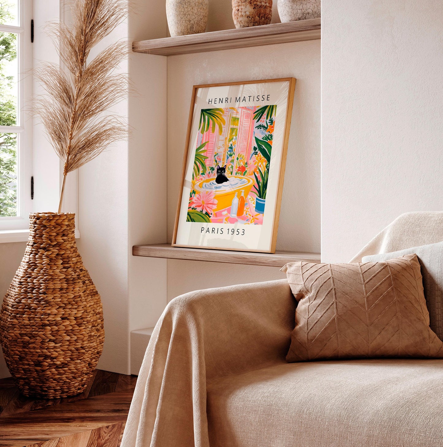 Black Cat in Bathtub Print: Matisse Style Bathroom Wall Art
