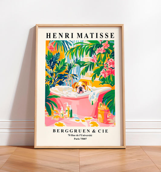 English Bulldog in Bathtub Art Print: Matisse Style Bathroom Decor