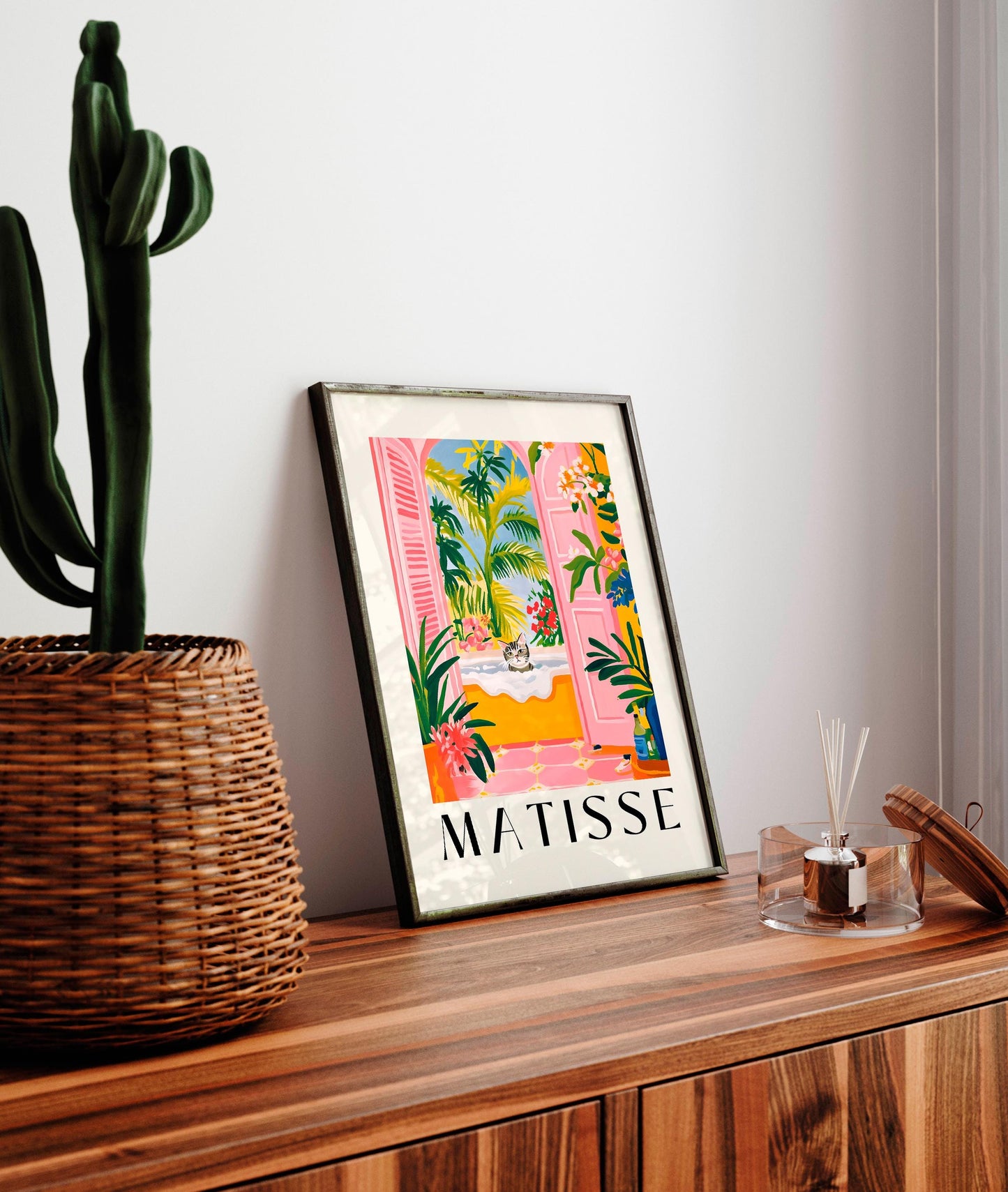 Matisse Cat Print: Pink Bathroom Wall Art, Funny Tabby Decor