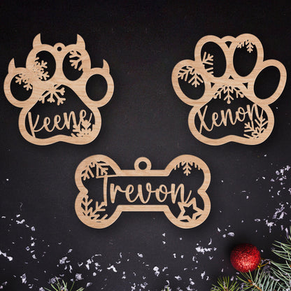 Personalized Pet Christmas Ornament: Custom Wooden Dog Paw or Bone