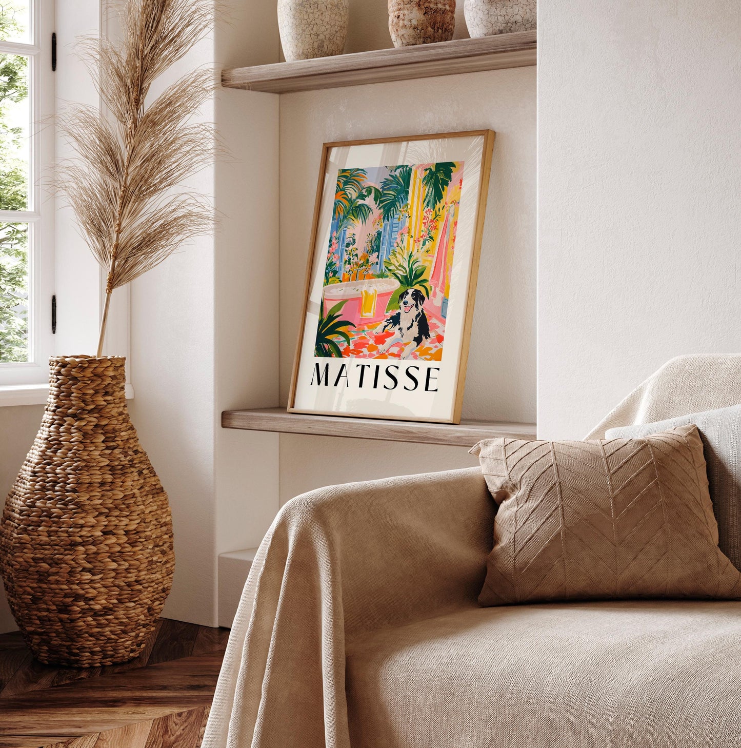 Matisse Style Border Collie Bathroom Art Print: Tropical Maximalist Decor
