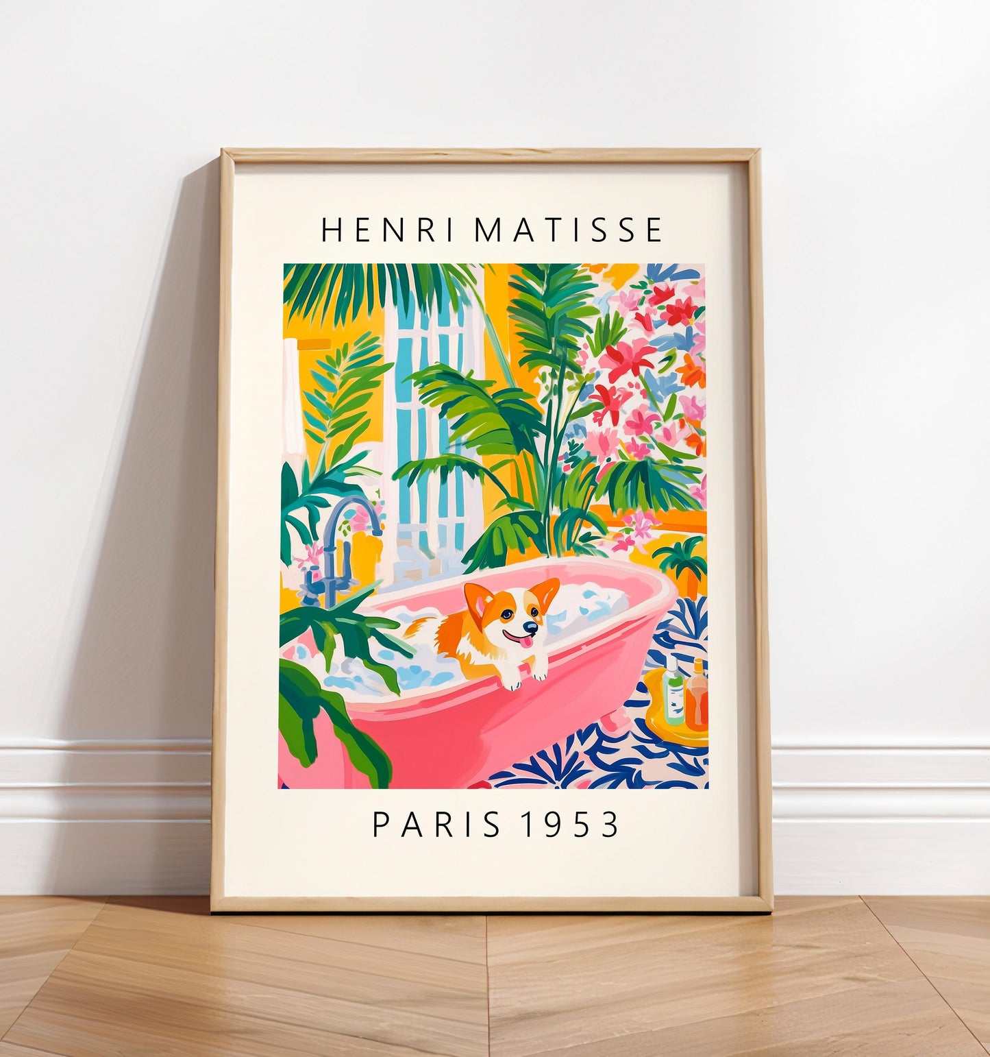 Corgi in Bathtub Art Print: Funny Dog Painting in Matisse Style