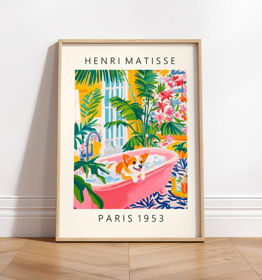 Corgi in Bathtub Art Print: Funny Dog Painting in Matisse Style