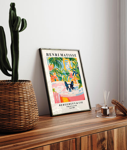 Boston Terrier in Bathtub Art Print: Matisse Style Bathroom Decor