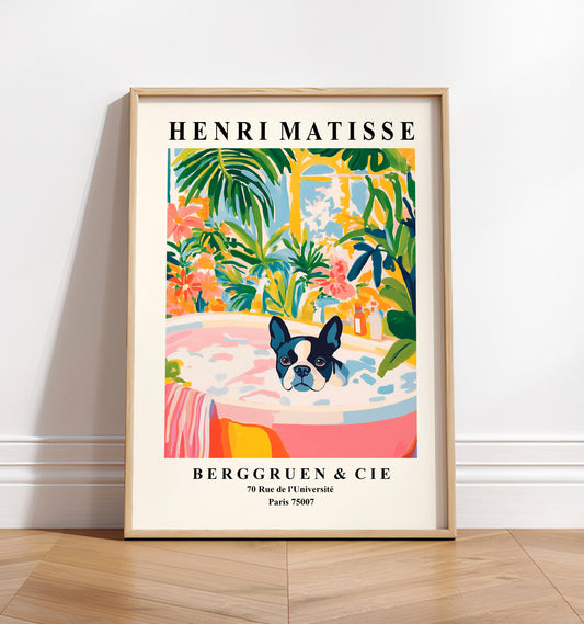 Boston Terrier in Bathtub Art Print: Matisse Style Bathroom Decor