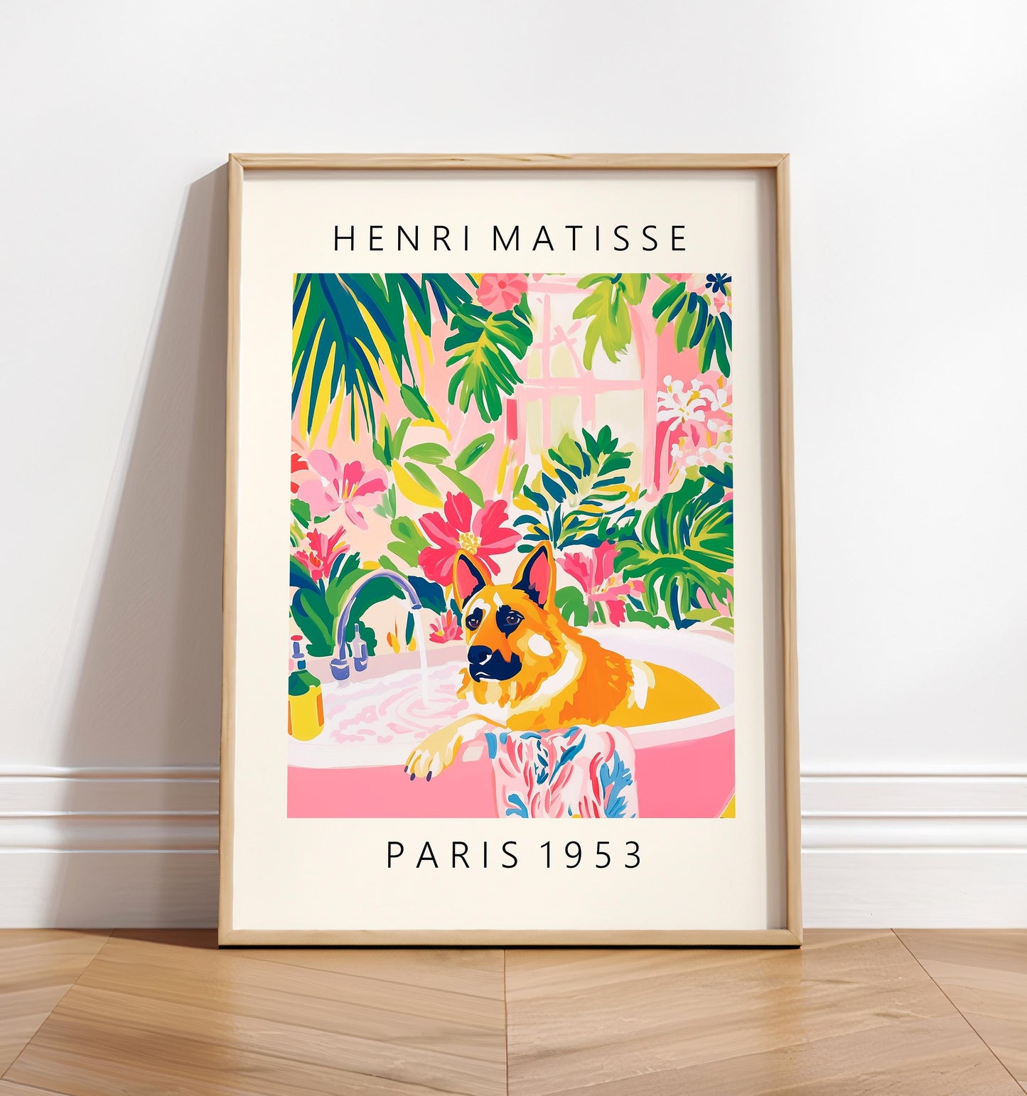 German Shepherd in Bathtub Art Print: Tropical Bathroom Decor