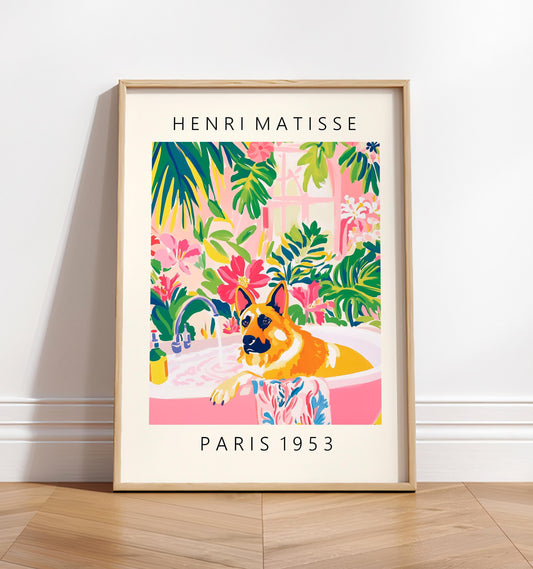 German Shepherd in Bathtub Art Print: Tropical Bathroom Decor