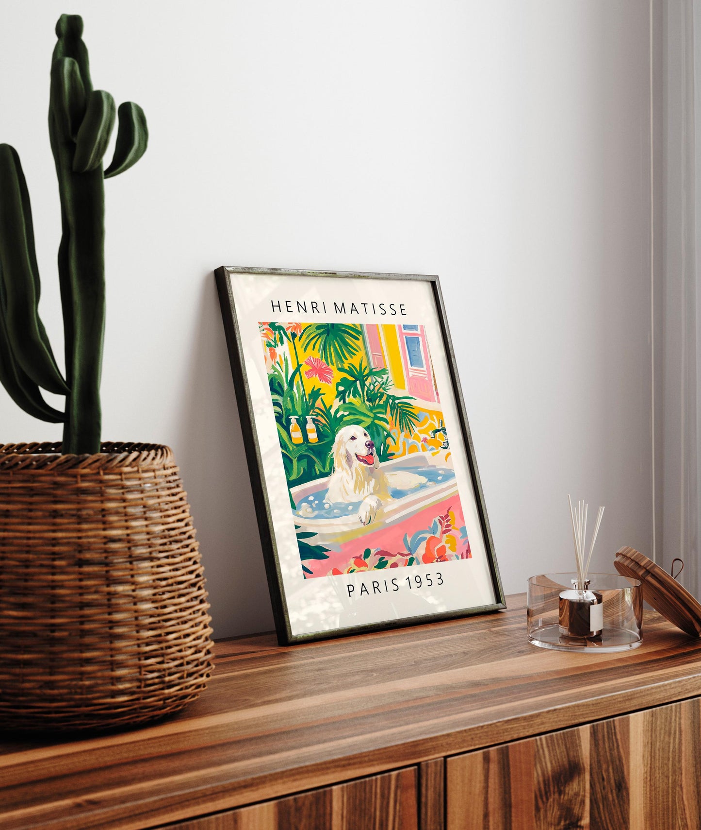 Great Pyrenees in bathtub, Matisse wall art, Funny bathroom poster for dog lovers, Pink dopamine decor, Dog art print