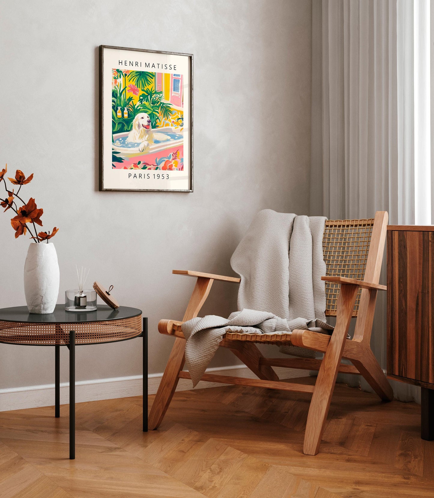 Great Pyrenees in bathtub, Matisse wall art, Funny bathroom poster for dog lovers, Pink dopamine decor, Dog art print