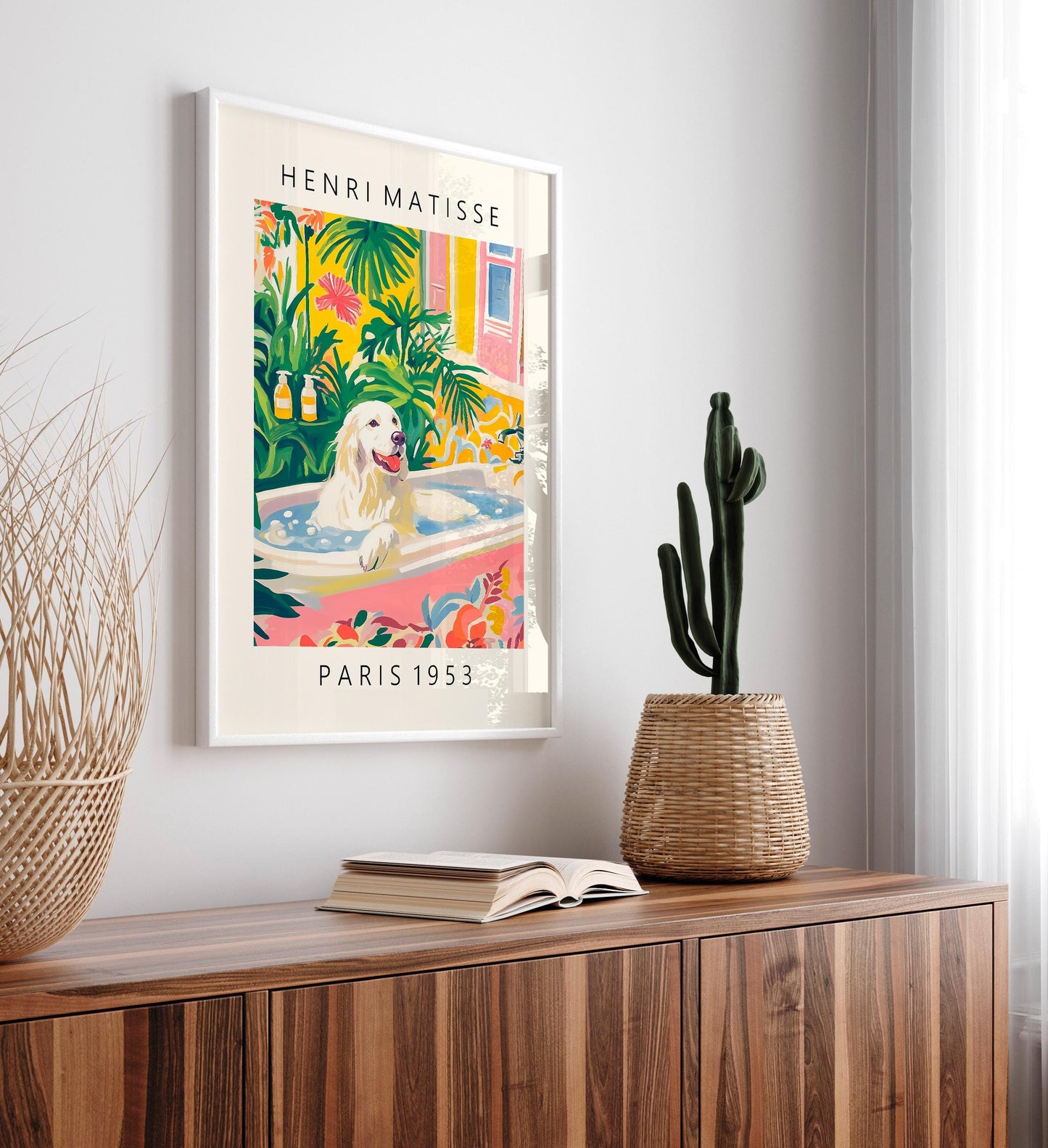 Great Pyrenees in bathtub, Matisse wall art, Funny bathroom poster for dog lovers, Pink dopamine decor, Dog art print
