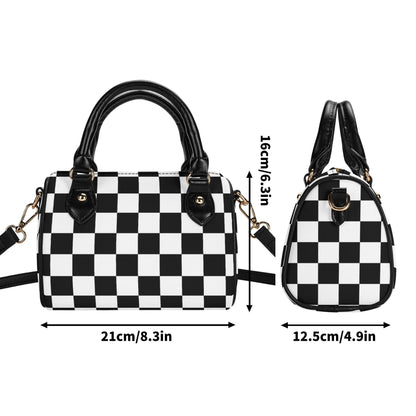 Checkered Mini Handbag. Leather Mini Small Boston Bag Satchel. Black Handbag. Top Handle. Shoulder Bag. Unique Gift.