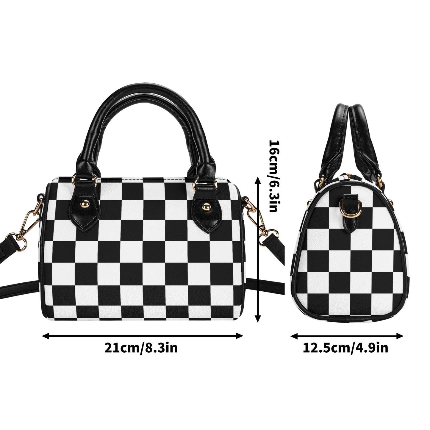 Checkered Mini Handbag. Leather Mini Small Boston Bag Satchel. Black Handbag. Top Handle. Shoulder Bag. Unique Gift.