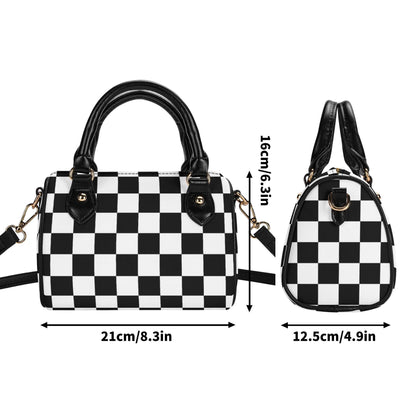 Checkered Mini Handbag. Leather Mini Small Boston Bag Satchel. Black Handbag. Top Handle. Shoulder Bag. Unique Gift.