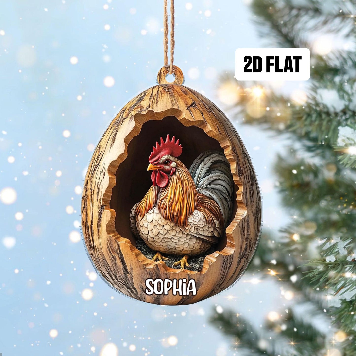 Personalized Rooster 2D Flat Ornament, Custom Farmhouse Christmas Tree Ornament, Chicken Christmas Home Decor, Xmas Gift for Farmer