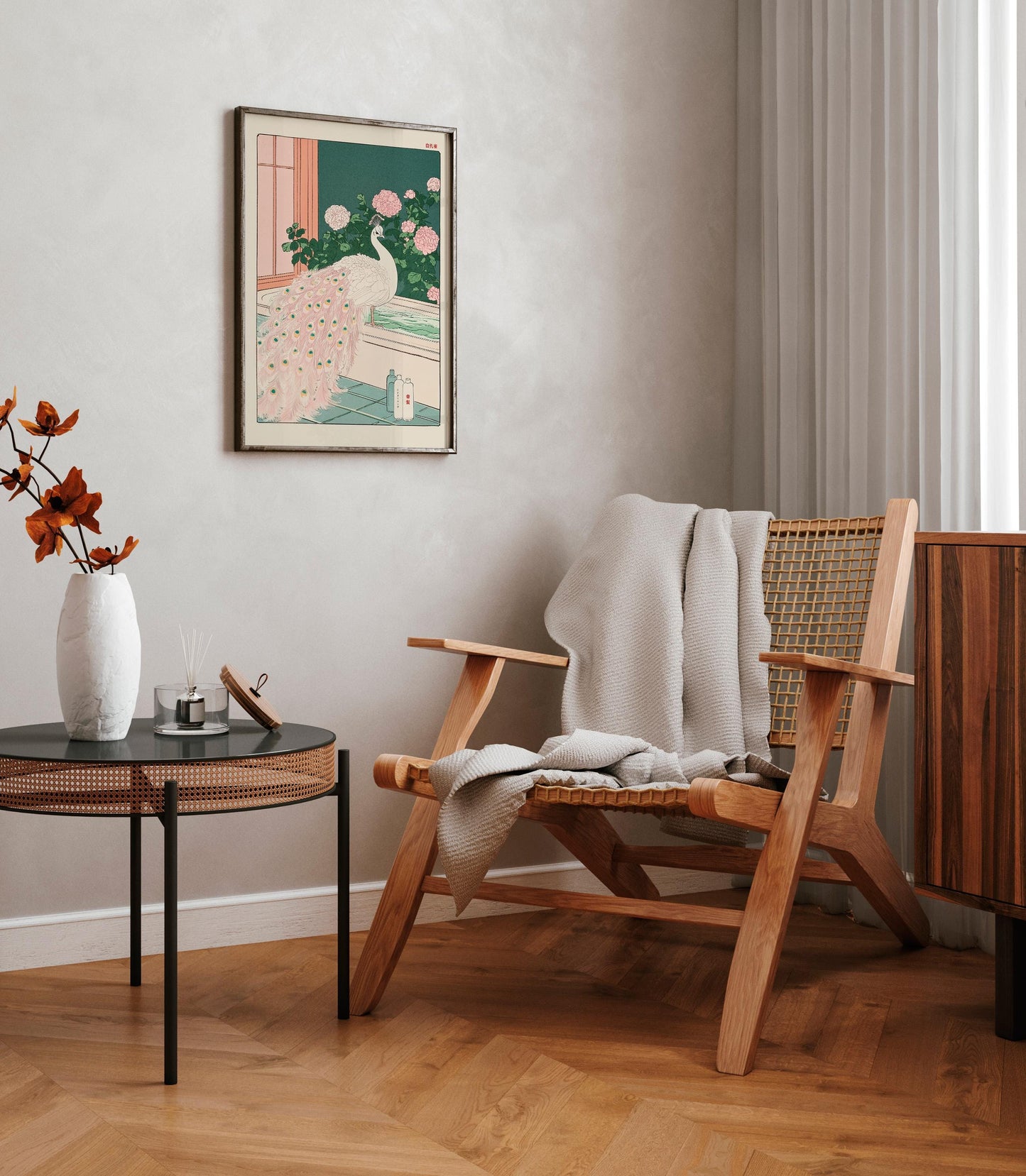 Albino Peacock Ukiyo-e Art: Japanese Bathroom Print