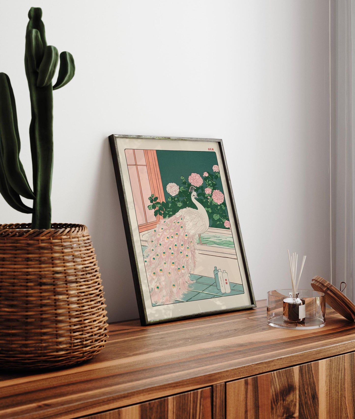 Albino Peacock Ukiyo-e Art: Japanese Bathroom Print