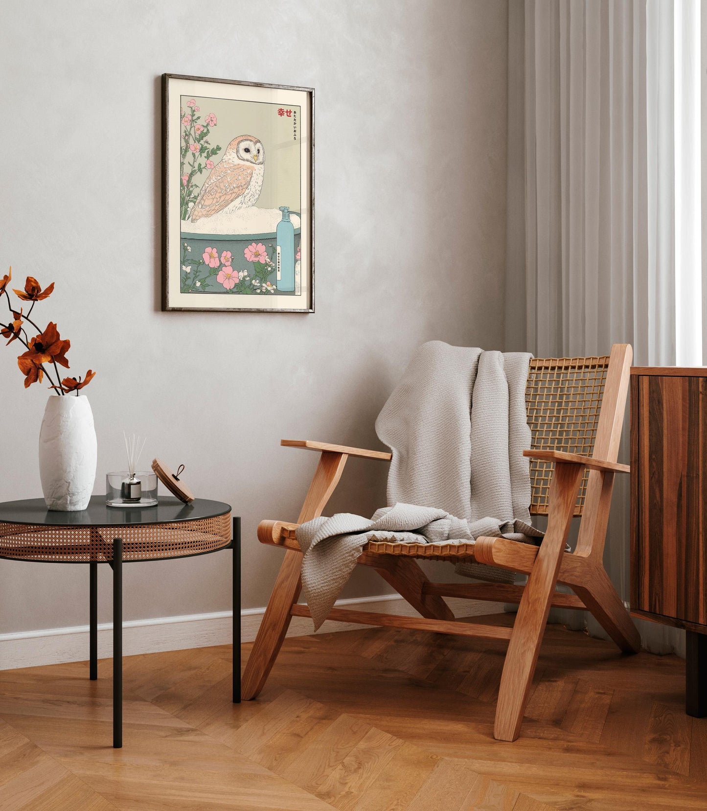 Owl in Bathtub Ukiyo-e Print: Japandi Bathroom Art