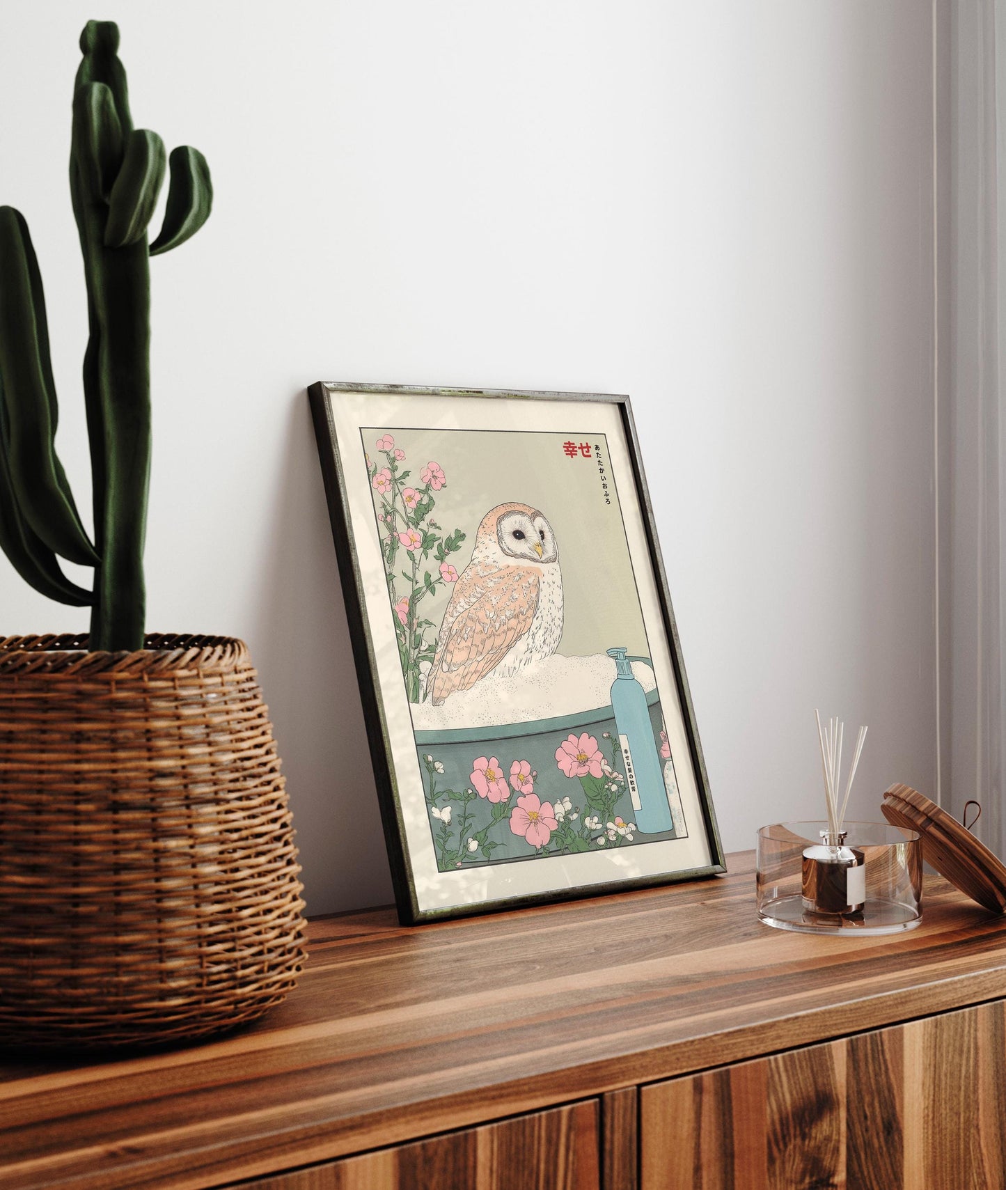 Owl in Bathtub Ukiyo-e Print: Japandi Bathroom Art