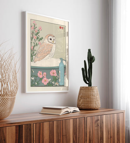 Owl in Bathtub Ukiyo-e Print: Japandi Bathroom Art