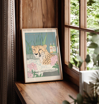 Cheetah in Bathtub Art Print: Japanese Ukiyo-e Style Bathroom Decor